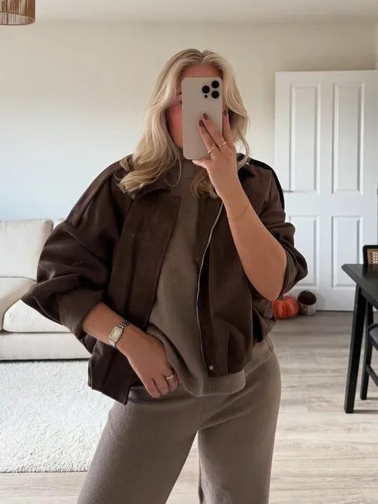 Women's Faux Suede Bomber Jacket Oversized Batwing Long Sleeve Zip Up Coffee - Picture 5 of 6